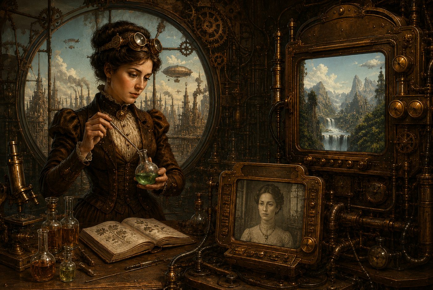 A Victorian scientist in a steampunk study, beside two brass-framed wall screens, one a mountain vista, one a person’s face.