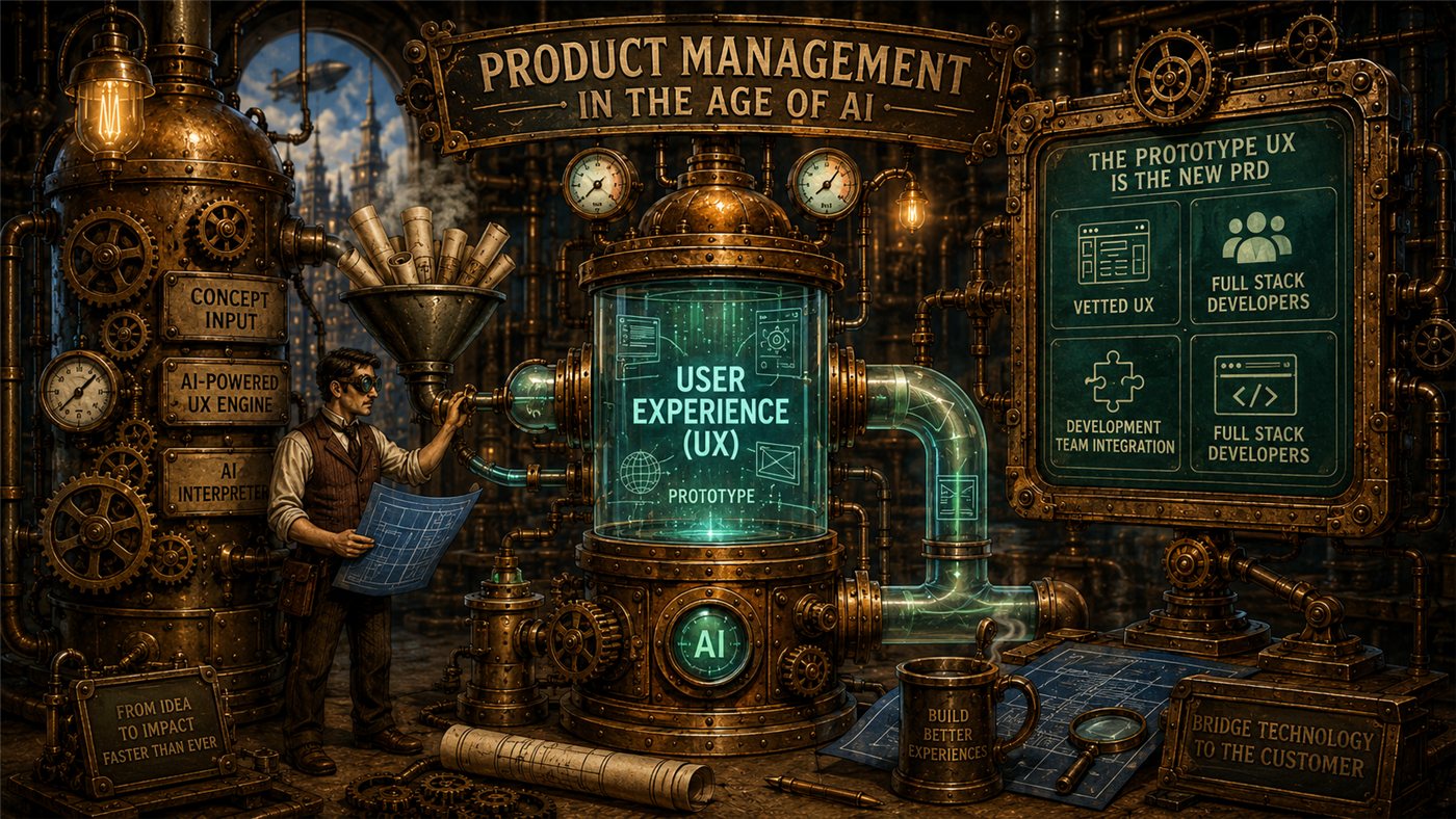 A steampunk product-management machine distilling concept input through an AI-powered UX engine into a vetted prototype for the development team.