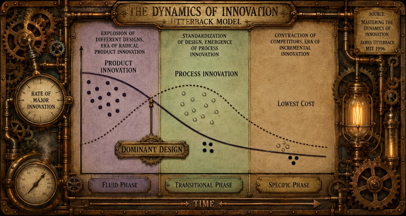 The Utterback model of innovation dynamics: product innovation, process innovation, and the emergence of a dominant design over time.