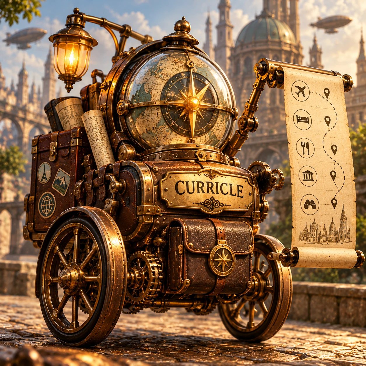 A steampunk curricle: a brass travelling machine with a globe compass, strapped luggage, and an unrolling itinerary of flights, hotels, dinners and sights.