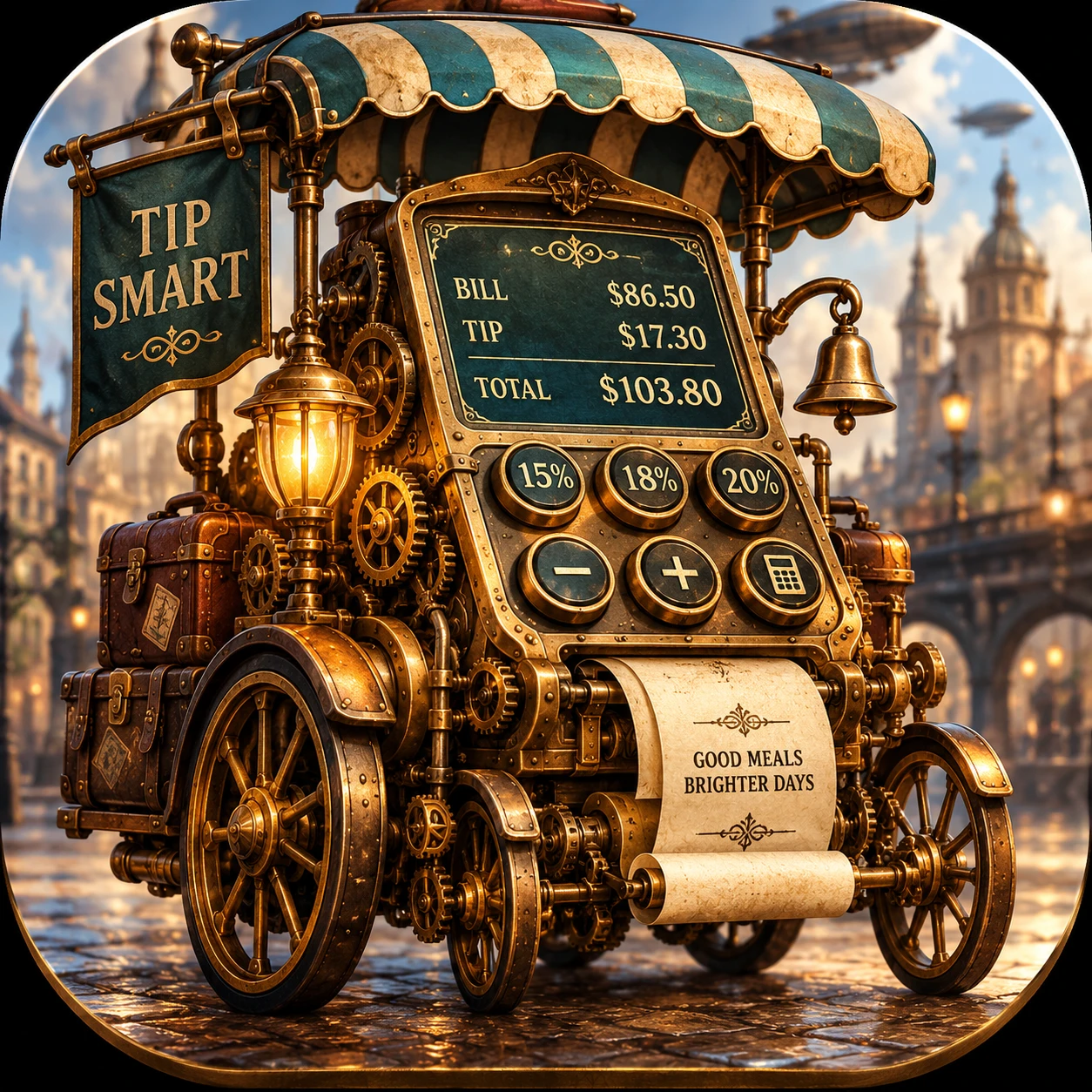 A brass and iron tipping machine parked on a wet cobbled street, its display reading Bill $86.50, Tip $17.30, Total $103.80, with fifteen, eighteen and twenty percent keys beneath a Tip Smart banner.
